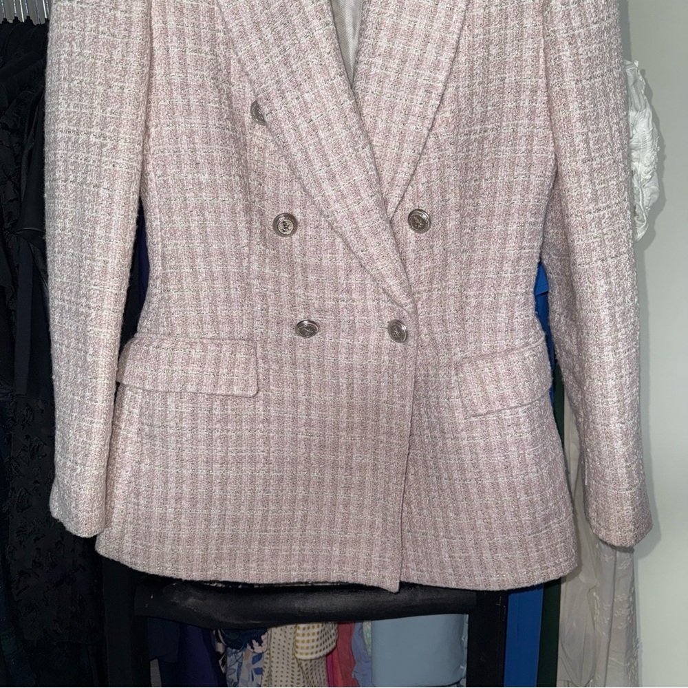 ZARA Pink Tweed Double-Breasted Blazer Jacket - Picture 8 of 17